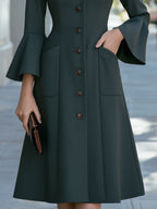 Button-Front Flared Sleeve Patch Pockets Midi Dress