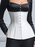 Black White Contrast Corset Satin Long Sleeve Blouse
