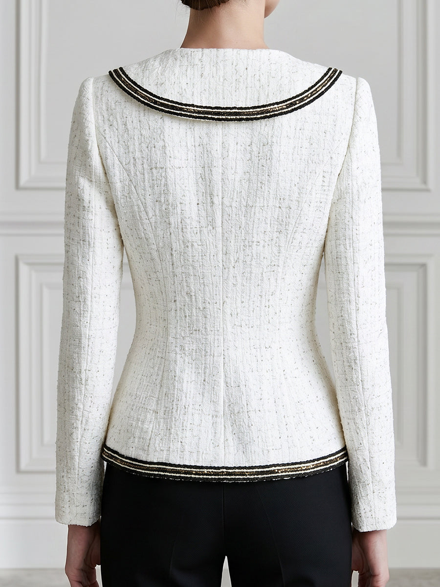 Contrast-Trim Peter Pan Collar Tweed Jacket