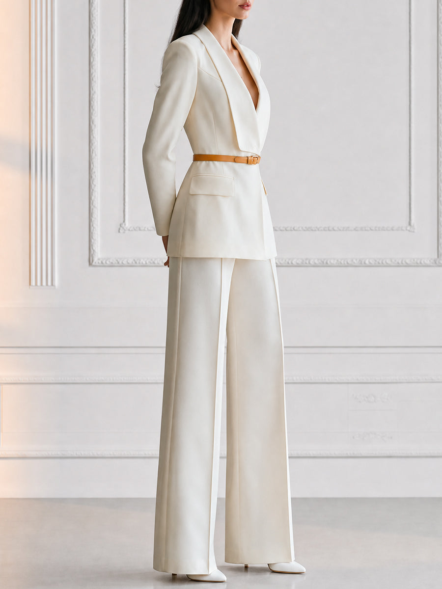 Belted Shawl Collar Blazer & Wide-Leg Flare Pants Suit Set