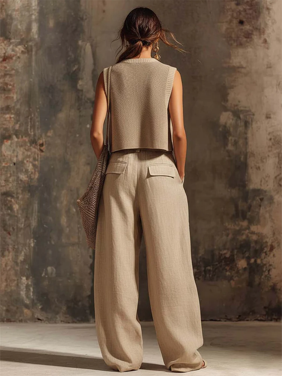 Casual Cargo Pockets Cotton-linen Wide-leg Pants