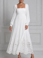 White Dress Lace Hem Square Neck Pleated Maxi Dress