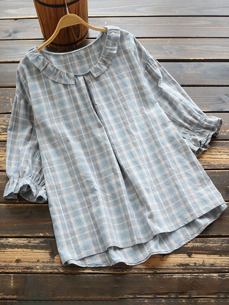 Vintage Flounce Plaid Cotton Linen Round Neck Comfy Shirt