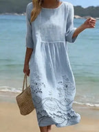 Women's Casual  Round Neck Mid Sleeve Print Cotton and Linen Dress