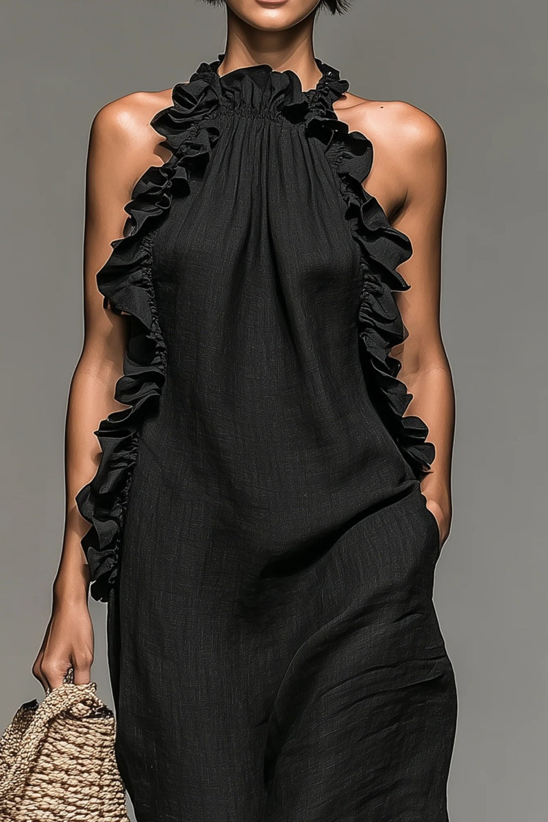 Women's Minimalist Linen-blend Sleeveless Maxi Dress With Ruffle Details