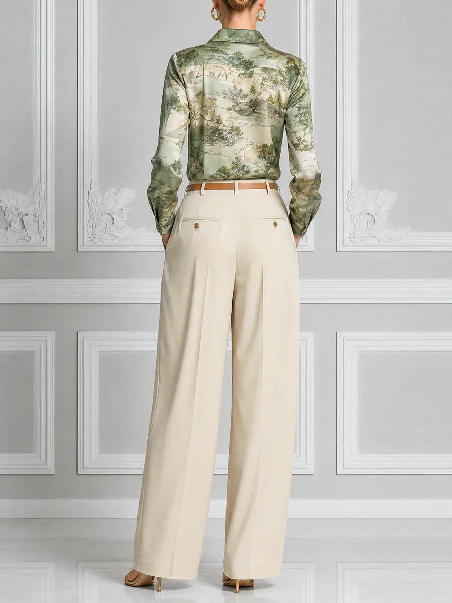 Sage Scenic Satin Blouse & Ivory Pleated Wide Leg Pants Set