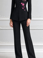 Black Pink Rose Embroidered Stand Collar Tailored Blazer & Wide Leg Trousers Two-Piece Suit Set