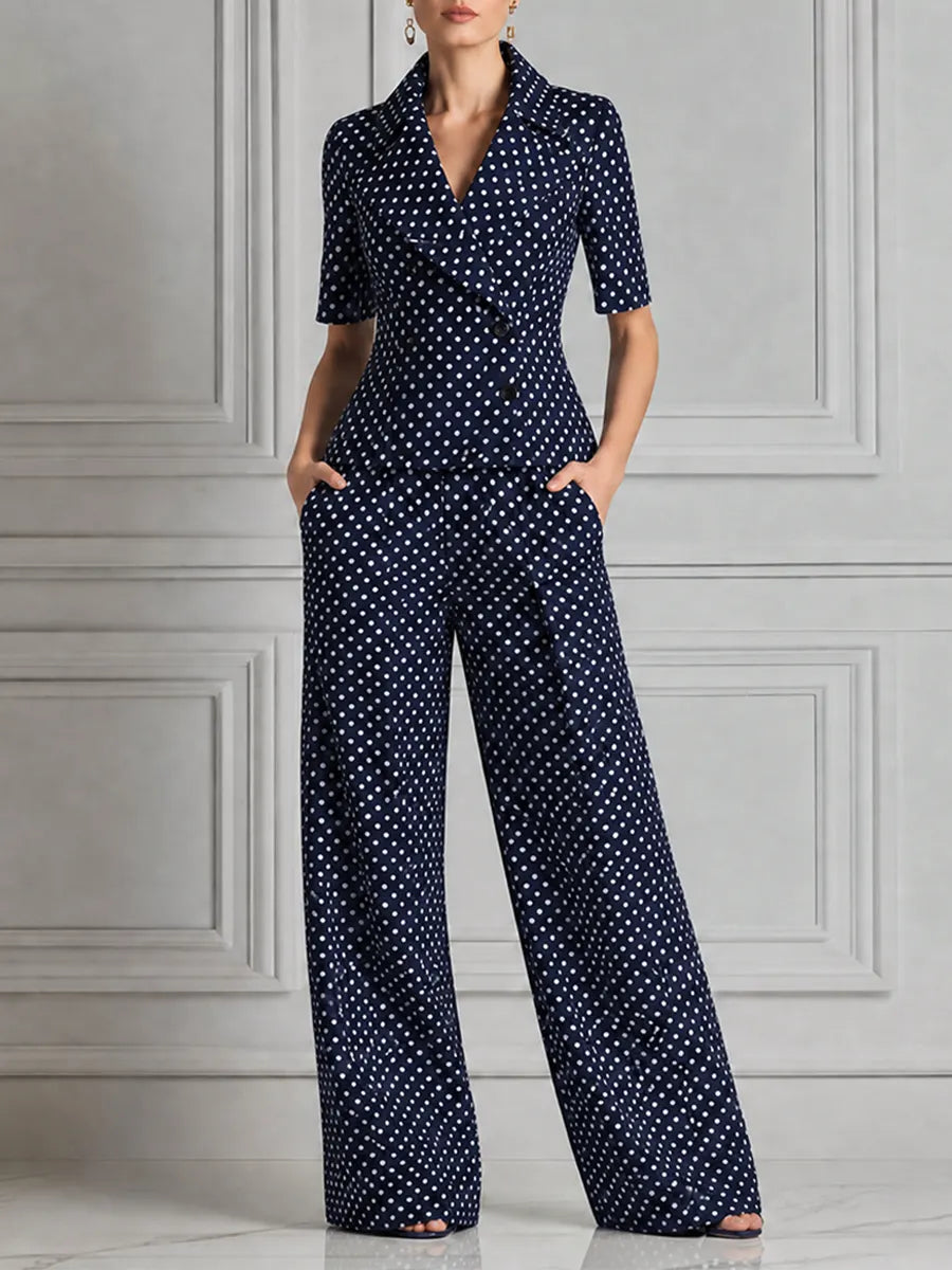 Navy Polka Dot Short Sleeve Blazer & Wide Leg Trousers Set