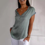 Casual Solid Color V-Neck Button-Down Short-Sleeved Top