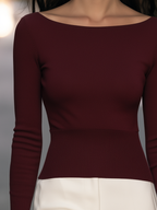 Boat-Neck Ribbed-Waist Long-Sleeve Knit Top