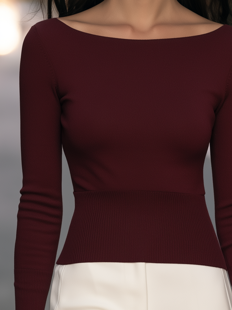 Boat-Neck Ribbed-Waist Long-Sleeve Knit Top