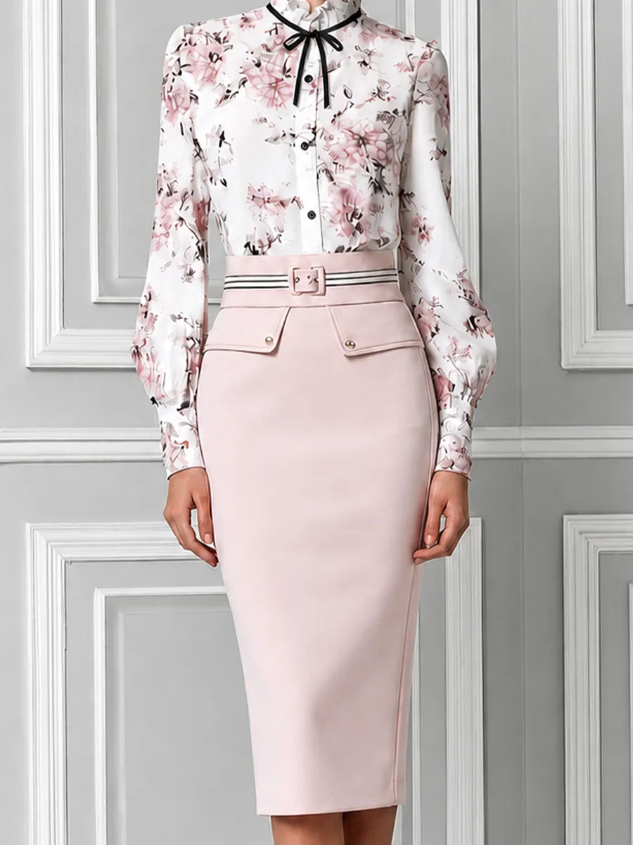 Blush Pink Floral Print Ruffle Neck Chiffon Blouse & High Waist Pencil Midi Skirt Two-Piece Suit Set