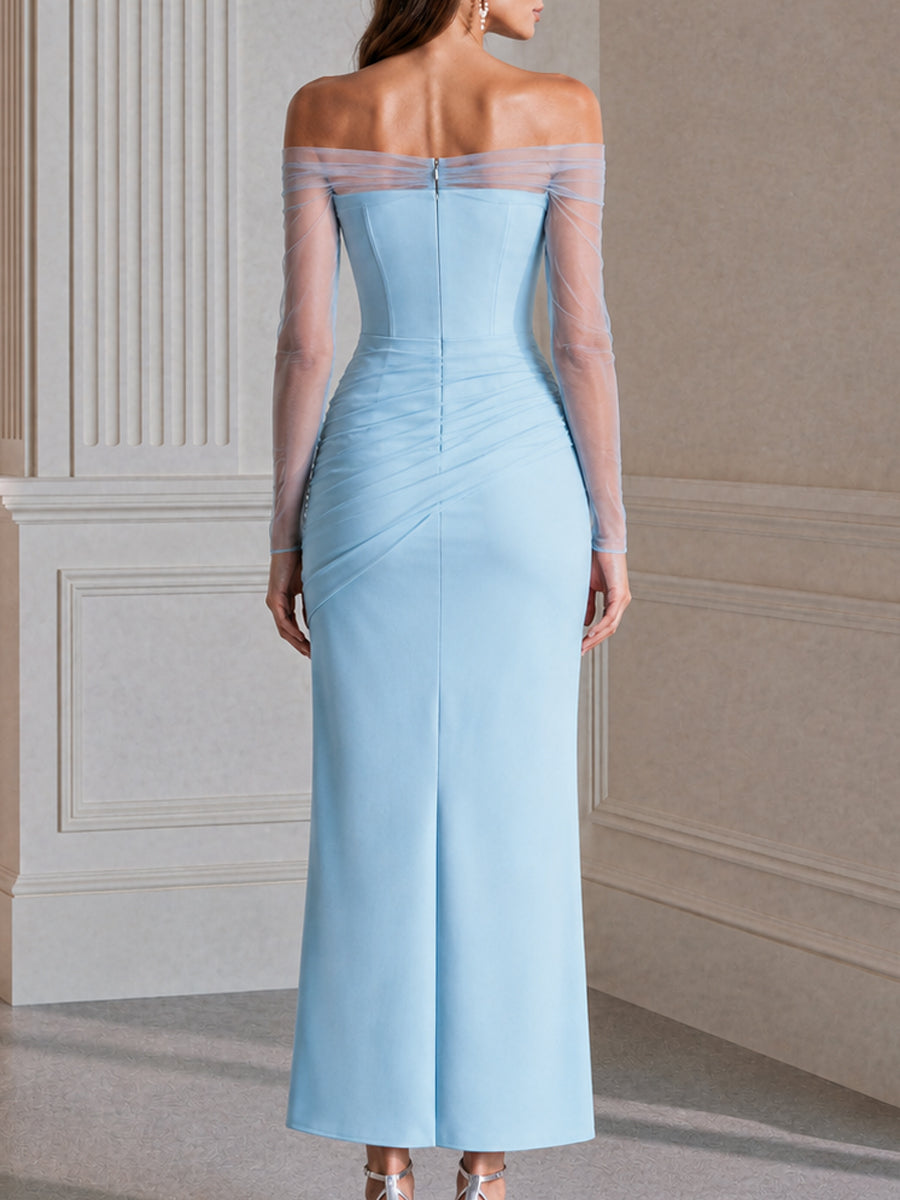 Off-Shoulder Sheer Mesh Sleeve Ruched Maxi Dress