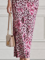 Pink Leopard & Peony Print Bell Sleeve Bodycon Midi Dress