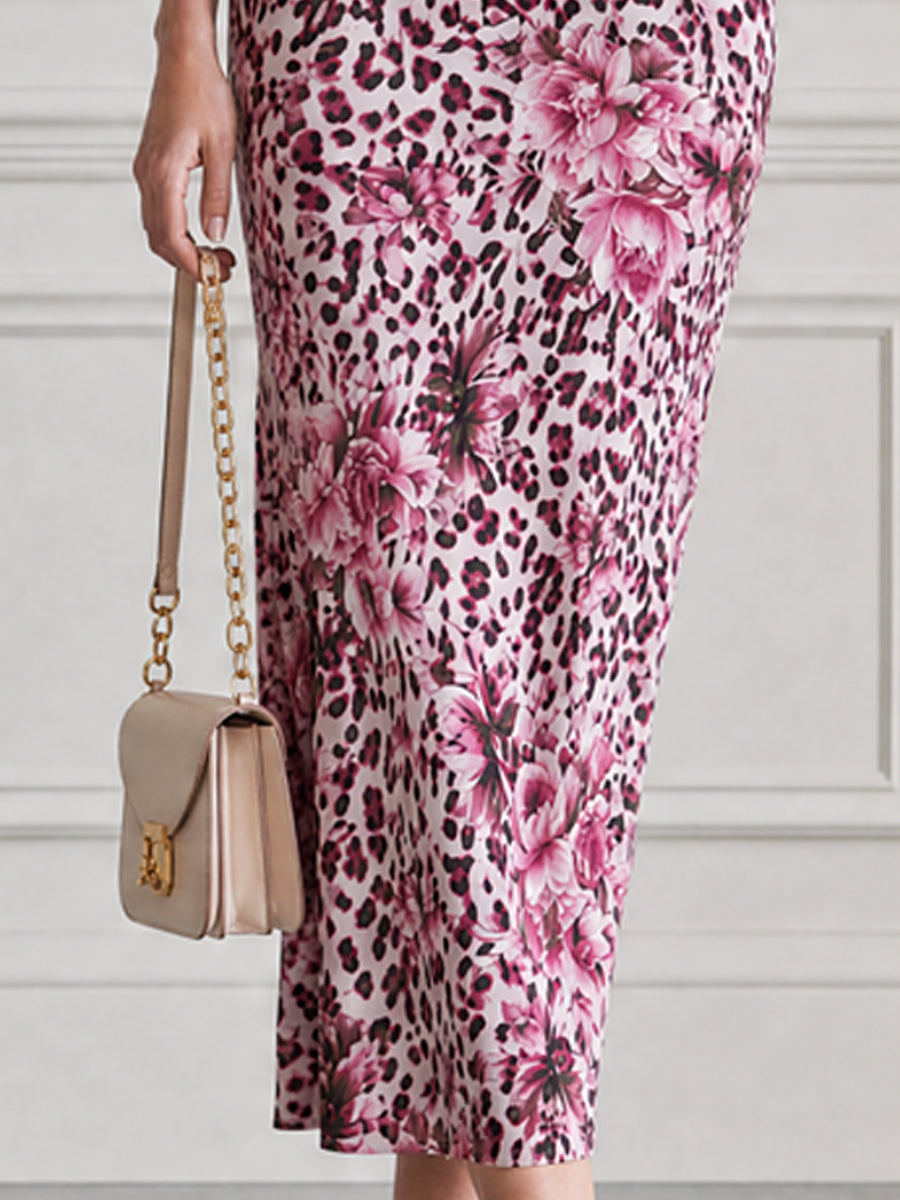 Pink Leopard & Peony Print Bell Sleeve Bodycon Midi Dress