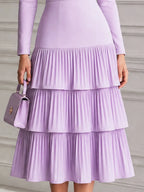 Lilac Spliced Tiered Pleated Boat Neck Midi Dress
