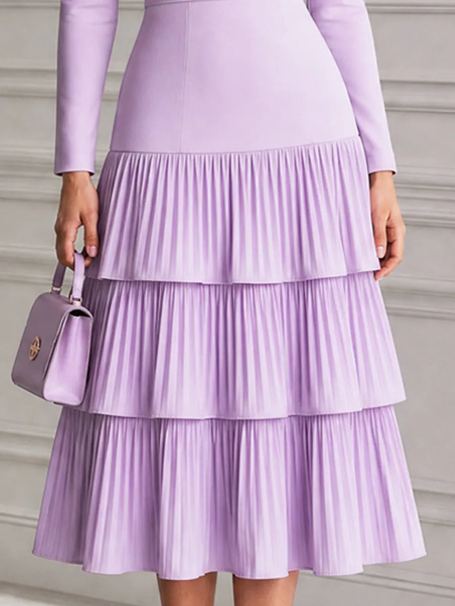 Lilac Spliced Tiered Pleated Boat Neck Midi Dress
