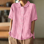 Women Loose Button Down Plain Cotton Linen Short Sleeve Blouse