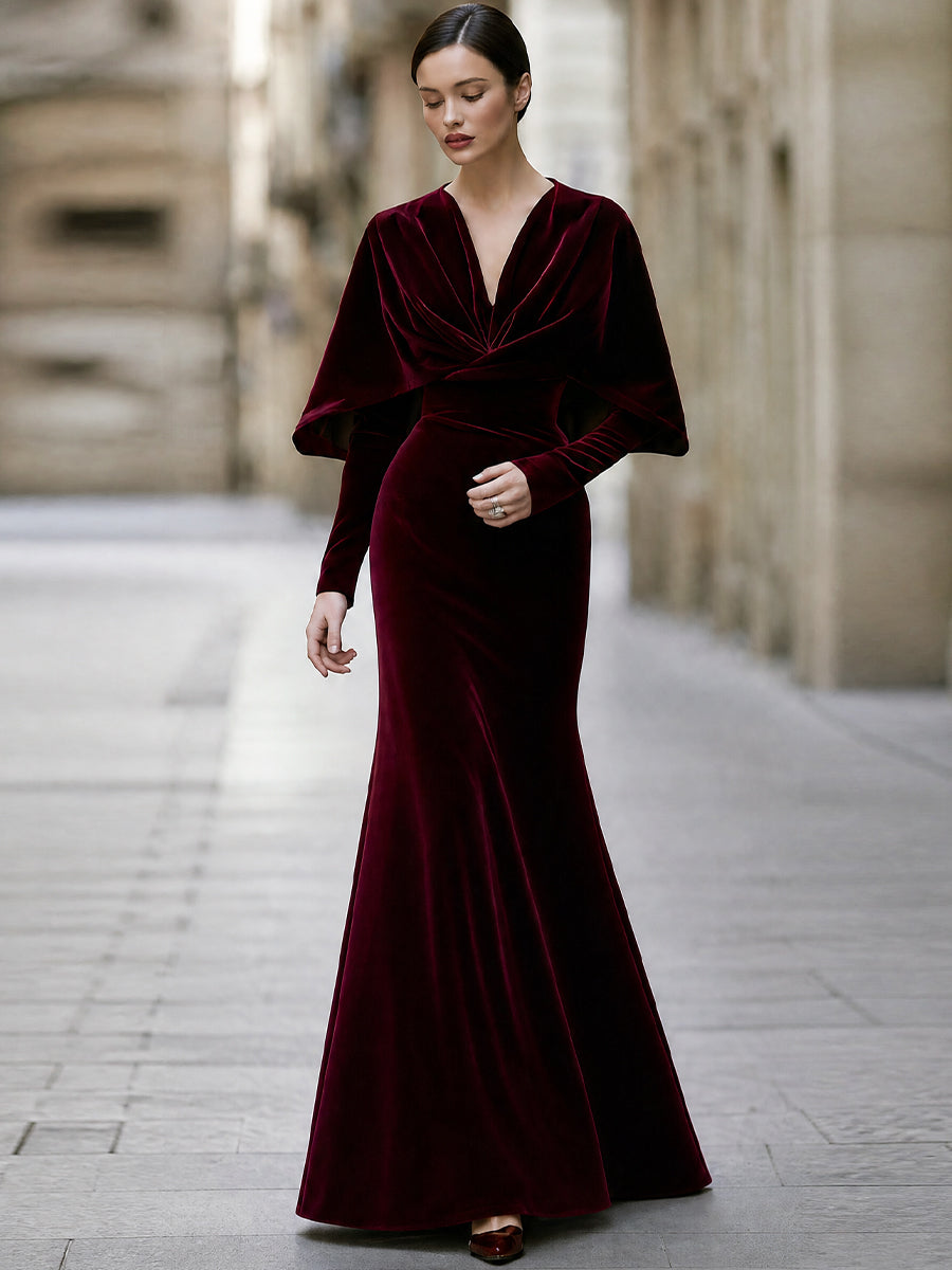Elegant Velvet V-Neck Cape Sleeve Mermaid Evening Gown