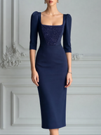 Navy Dress Fall Wedding Guest Dress Embellished Square Neck Pencil Midi Dress