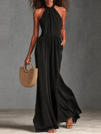 Black Chfiion Halter Jumpsuit High Waist Floor Length Maxi Dress