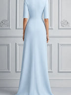 Blue Dress Fall Wedding Guest Dress Floral Appliqué Overlap Maxi Dress