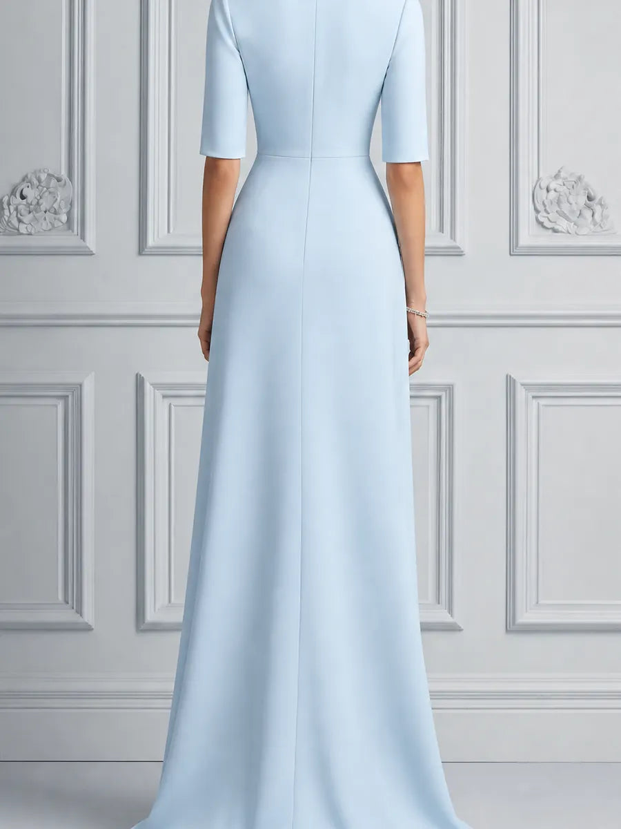 Blue Dress Fall Wedding Guest Dress Floral Appliqué Overlap Maxi Dress