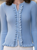 Ruffle-Trim Ribbed Button-Front Knit Cardigan