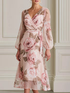 Watercolor Rose Print Wrap Puff Sleeves Midi Chiffon Dress