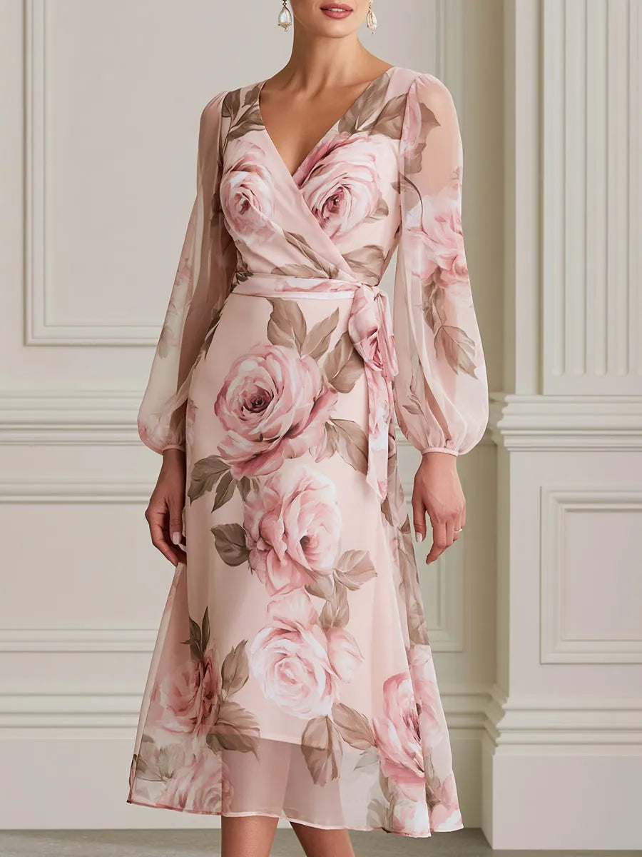 Watercolor Rose Print Wrap Puff Sleeves Midi Chiffon Dress