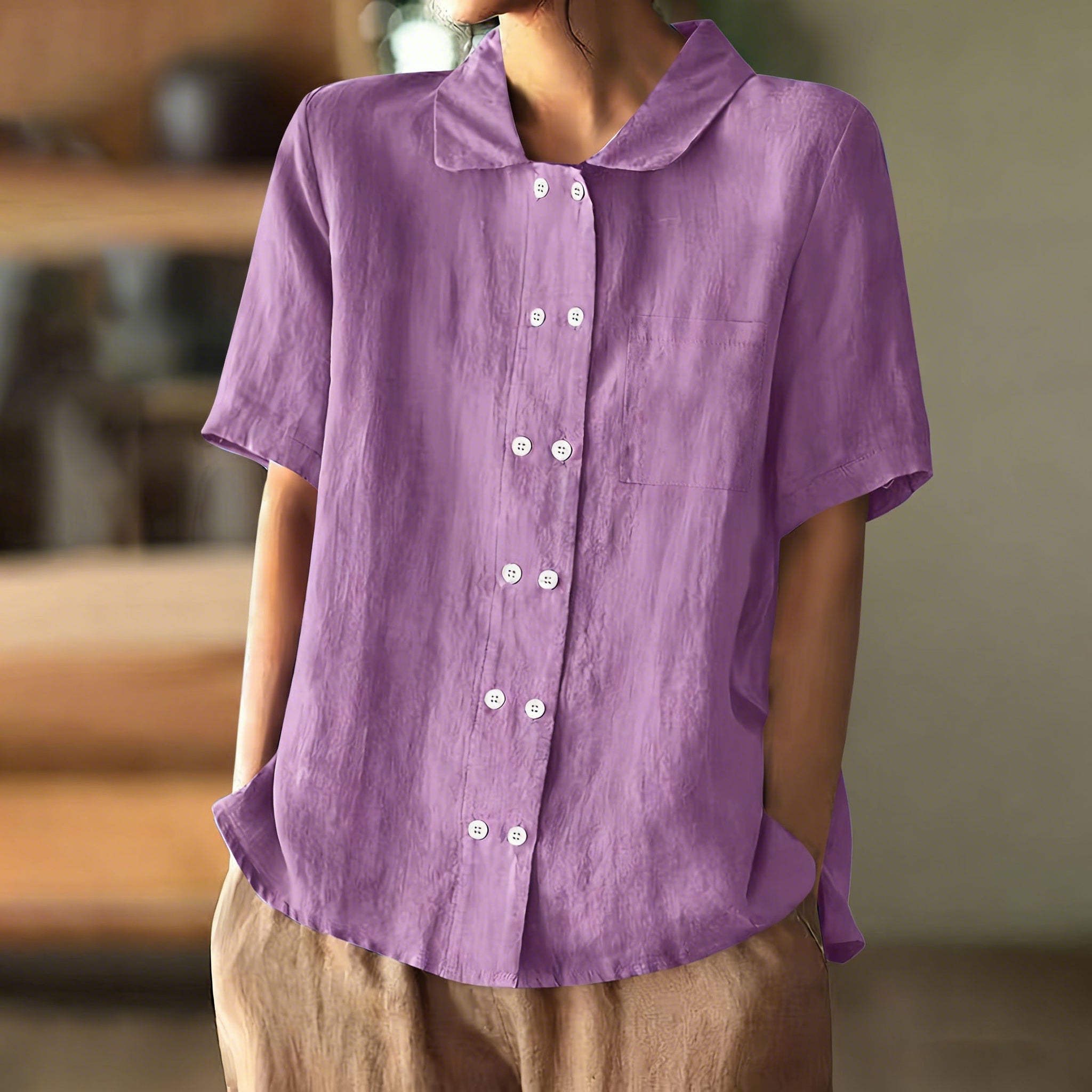 Women Loose Button Down Plain Cotton Linen Short Sleeve Blouse