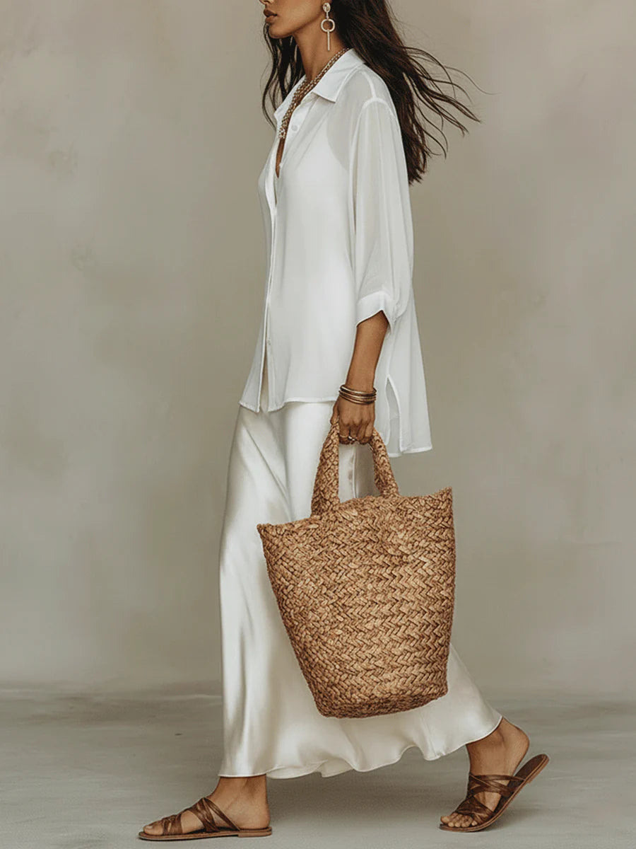 White Button-down Shirt And Satin Slip Dress Two-piece Set
