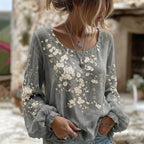Women's Retro Japanese Cherry Blossom Art Crew Neck Linen Blend T-shirt