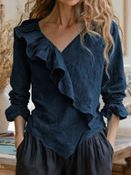 Women's Elegant Ruffled Cotton Linen Top