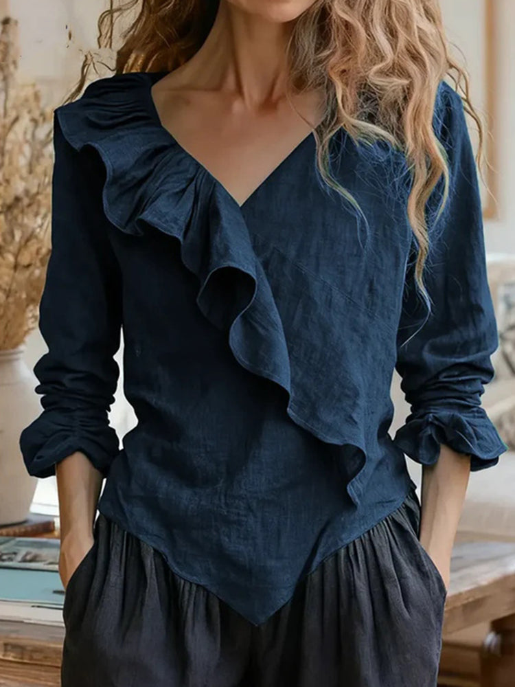 Women's Elegant Ruffled Cotton Linen Top