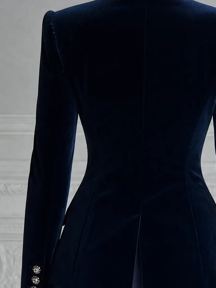 Navy Velvet Embroidered Peak Lapel Blazer