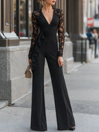 Lace-Sleeve Ruched Ruffle Wide-Leg Jumpsuit