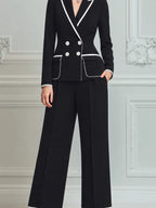 Black Contrast Trim Blazer & Wide Leg Pants Set
