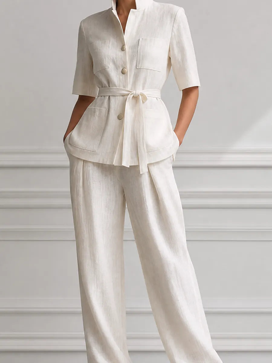 Ivory Linen Stand Collar Belted Jacket & Wide Leg Trousers Two-Piece Suit Set