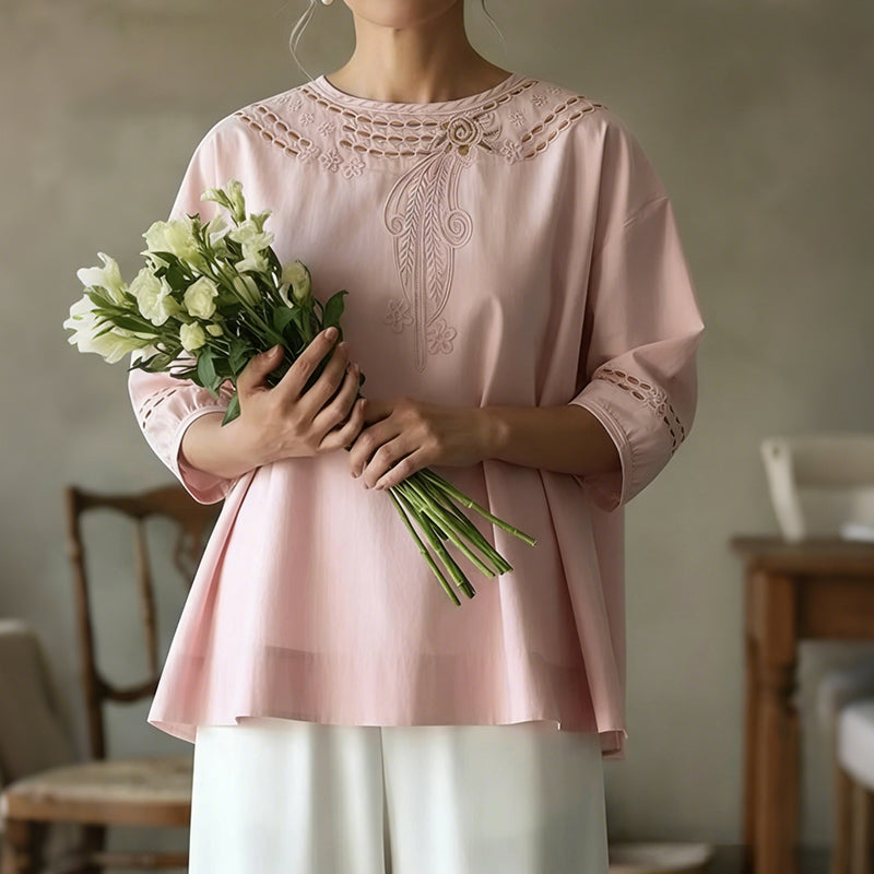 Women's Casual Floral Embroidered Linen Blend Blouse