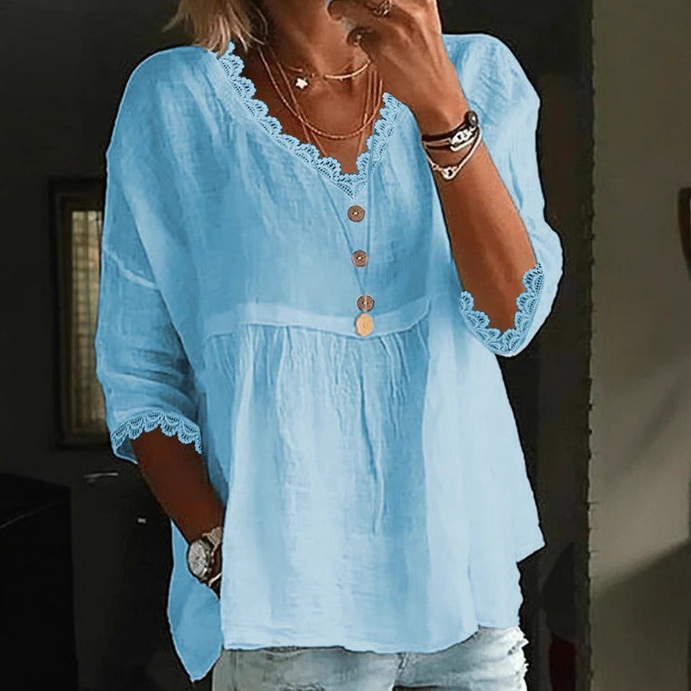 Women's Vintage Casual Lace Cotton And Linen V-neck T-shirt
