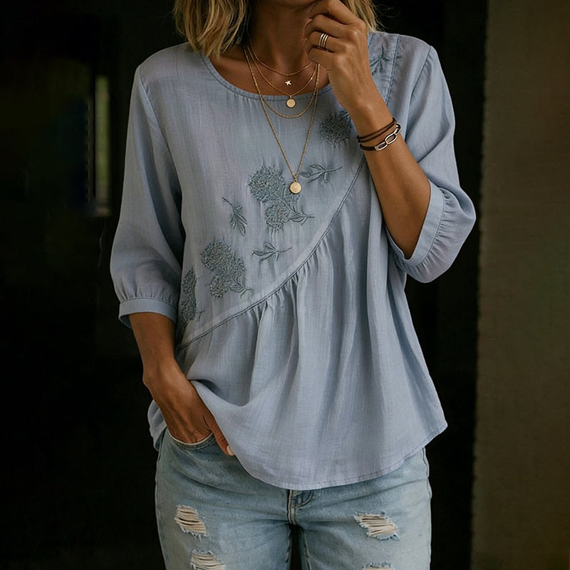 Women's Vintage Floral Embroidery Irregular Pleated Design Linen T-shirt