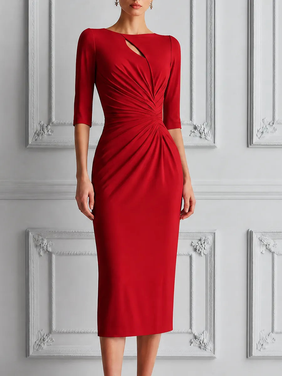 Red Dress Fall Wedding Guest Dress Ruched Keyhole Pencil Midi Dress