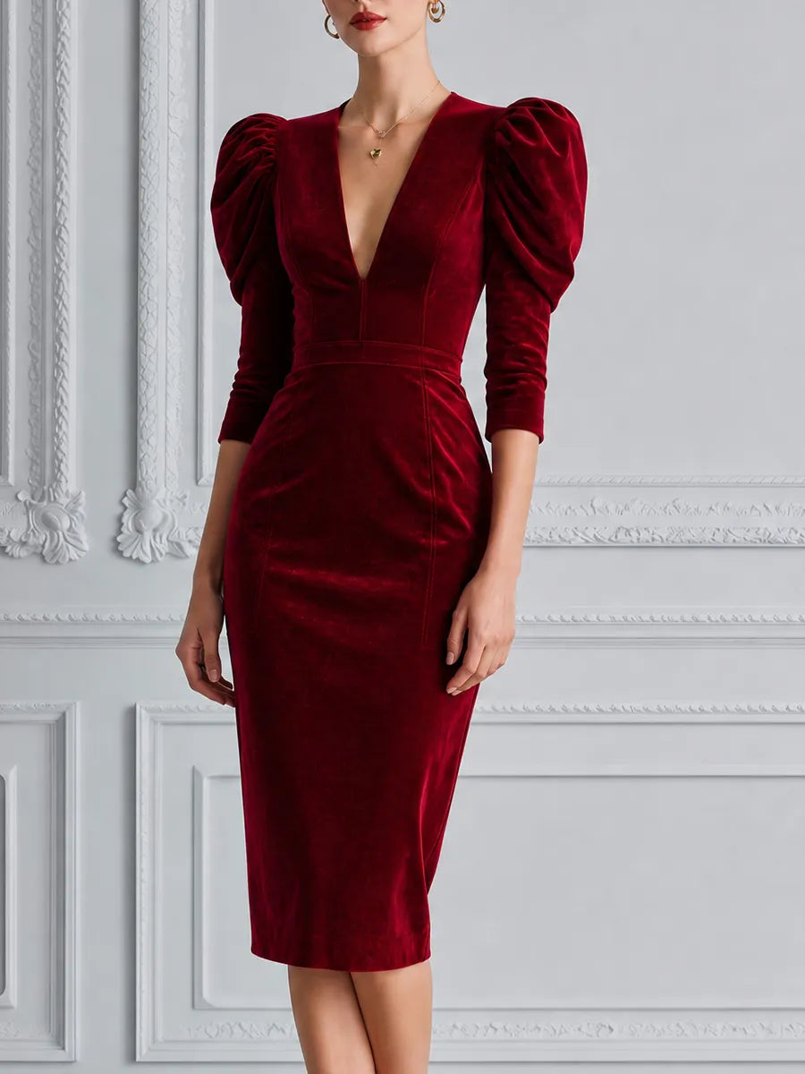 Red Dress Fall Wedding Guest Dress Velvet Puff Sleeve Pencil Midi Dress