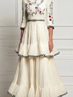 White Crew-Neck Floral Embroidered A-Line Maxi Dress With Tiered Ruffles