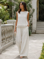 Sleeveless Textured Top And Wide-Leg Pants Set With Frayed Hem Detail