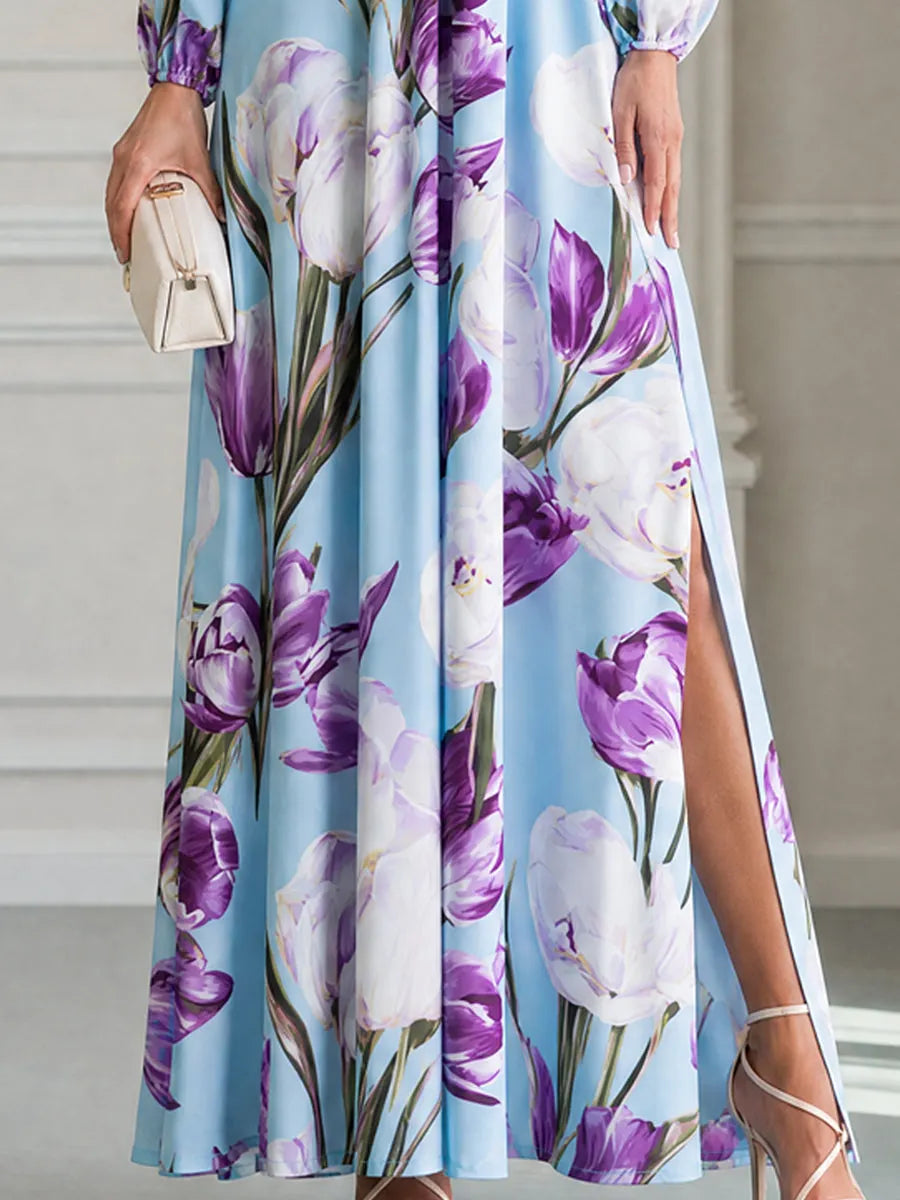 Light Blue Purple Tulip Print Boat Neck Slit Maxi Dress