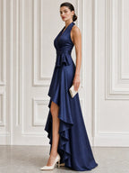 Satin Halter Bow-Waist High-Low Maxi Gown