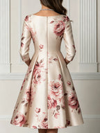 Floral Rose Print 3/4 Sleeve Satin A-Line Midi Dress