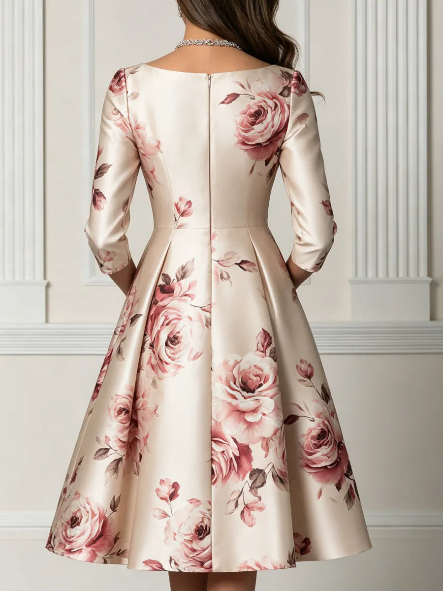 Floral Rose Print 3/4 Sleeve Satin A-Line Midi Dress